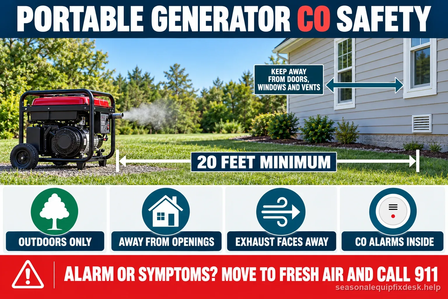 A portable generator outdoors at least 20 feet from openings with exhaust directed away, CO alarms inside, and an emergency response reminder