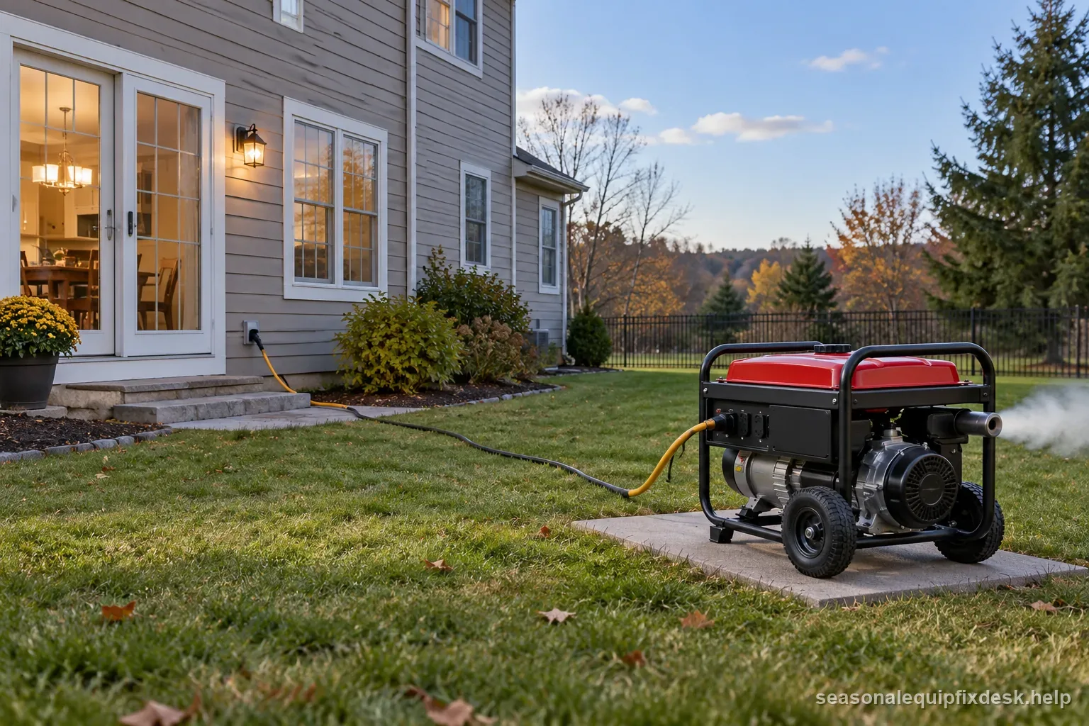 Portable generator set outdoors in an open yard with exhaust aimed away from the home