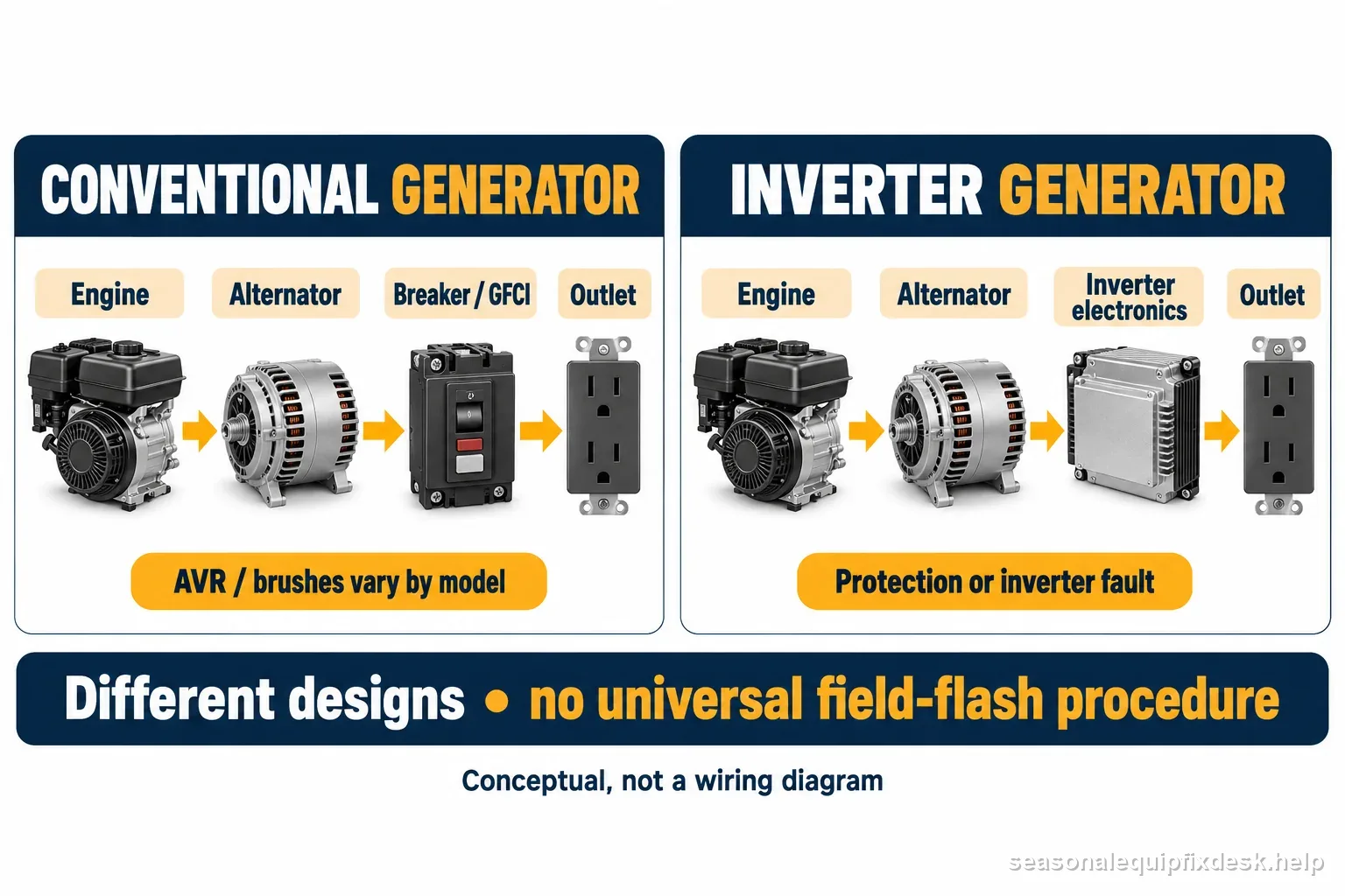 Conceptual comparison of conventional generator alternator and inverter generator electronics with a warning against generic field flashing