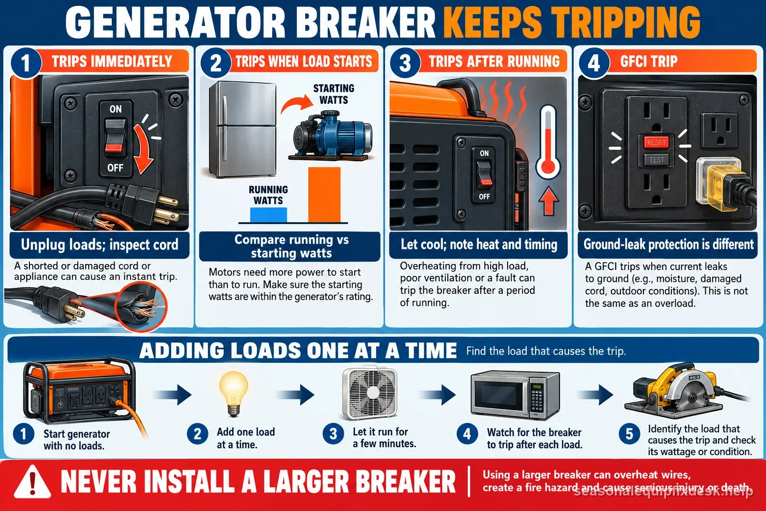 A generator breaker troubleshooting map separating immediate trips, load-start trips, delayed trips, and GFCI faults with a safe load ladder