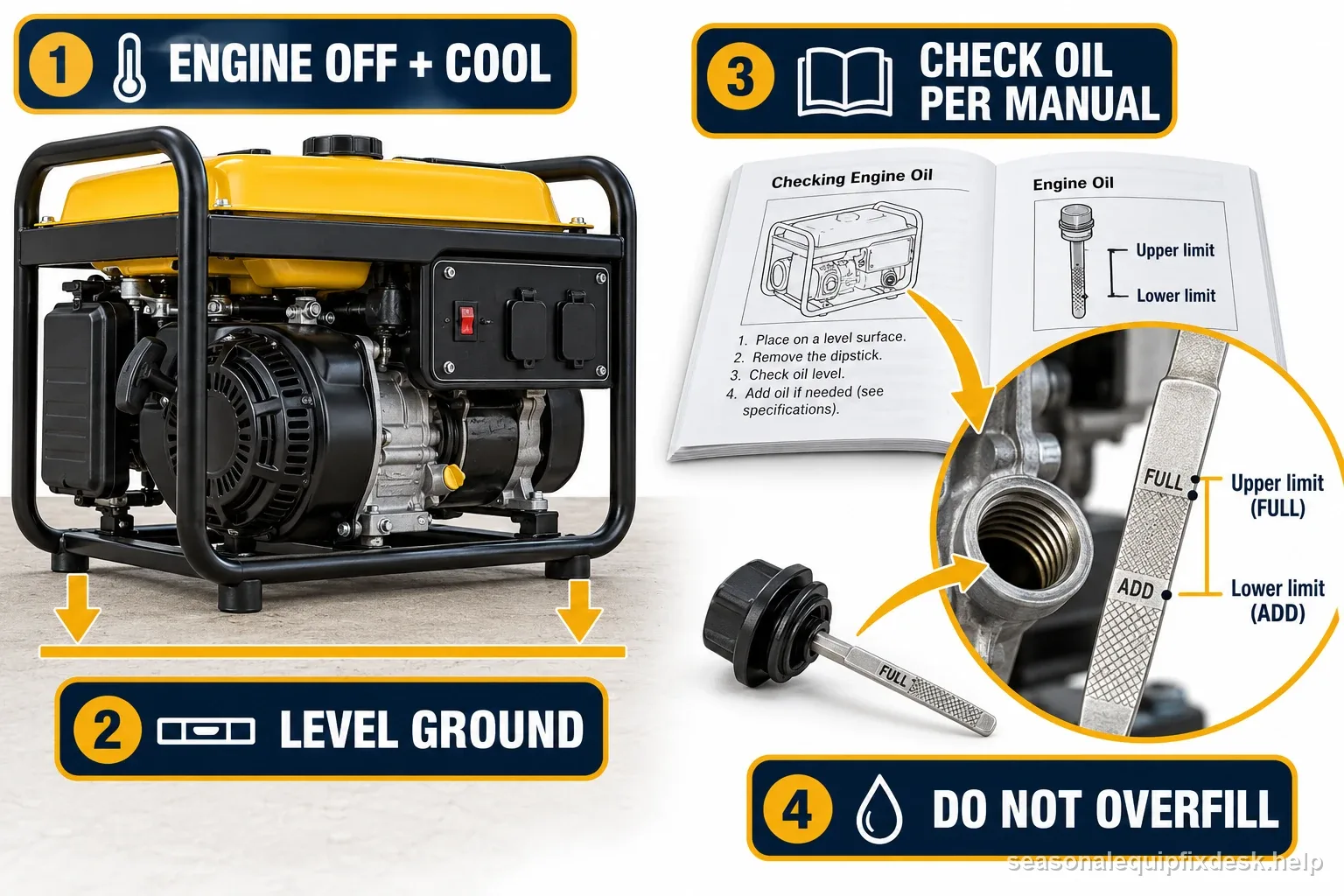 Labeled portable generator oil-check sequence shows cool engine, level ground, manual dipstick method, and do not overfill