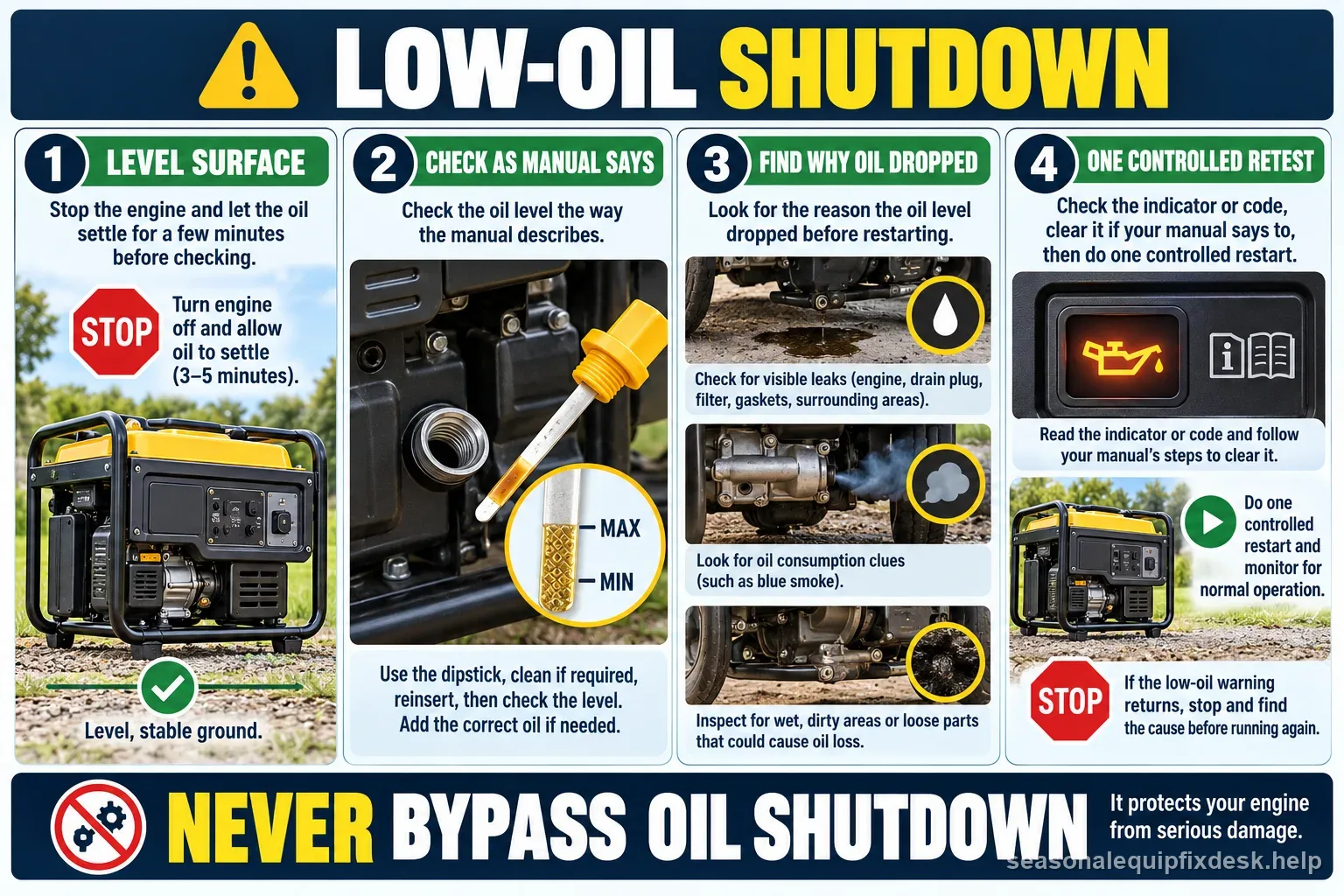 A low-oil shutdown checklist showing a level-surface manual-based check, leak clues, indicator review, one controlled retest, and no bypassing