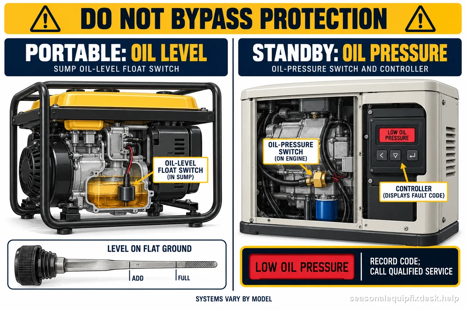 Labeled comparison distinguishes a portable generator oil-level float switch from a standby oil-pressure alarm and warns not to bypass protection