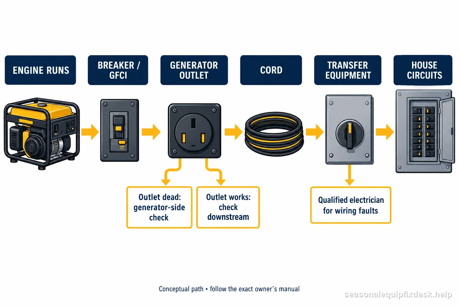 Conceptual generator power path from the running engine through breaker, outlet, cord, transfer equipment, and home circuits