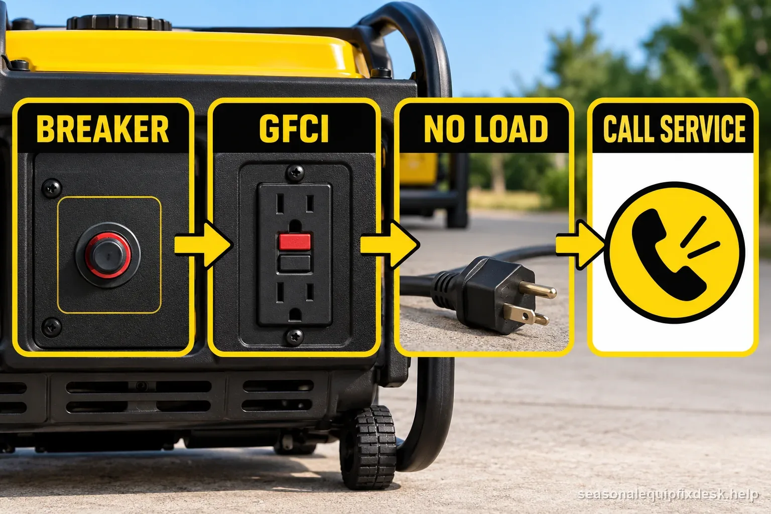 An external generator output path labels breaker, GFCI, no-load test, and calling service while keeping the electrical enclosure closed.