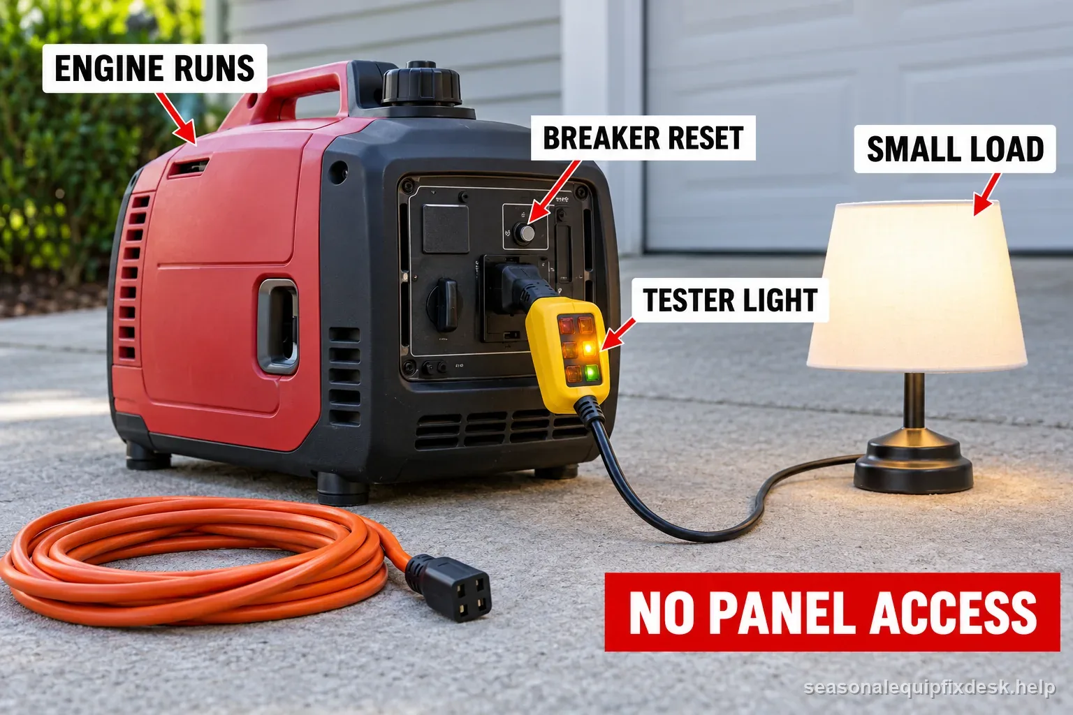 A portable generator runs with its breaker reset while a plug-in tester and small lamp show a closed-panel owner-safe output check.