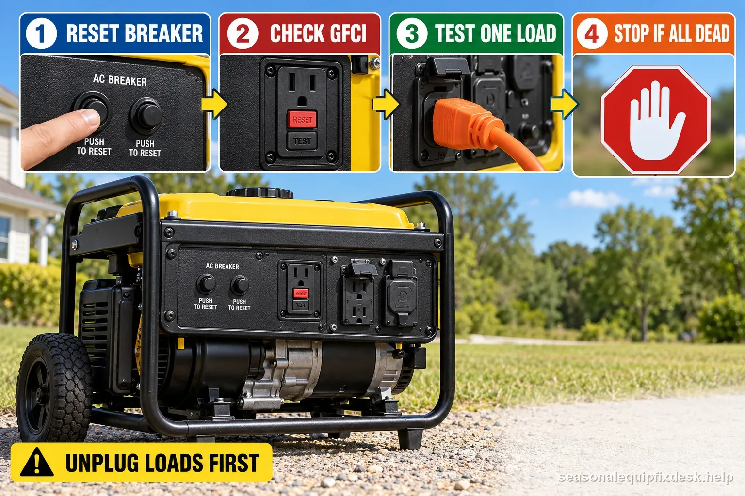 A labeled portable generator output checklist shows resetting its breaker and GFCI, testing one known load, and stopping if every outlet remains dead.