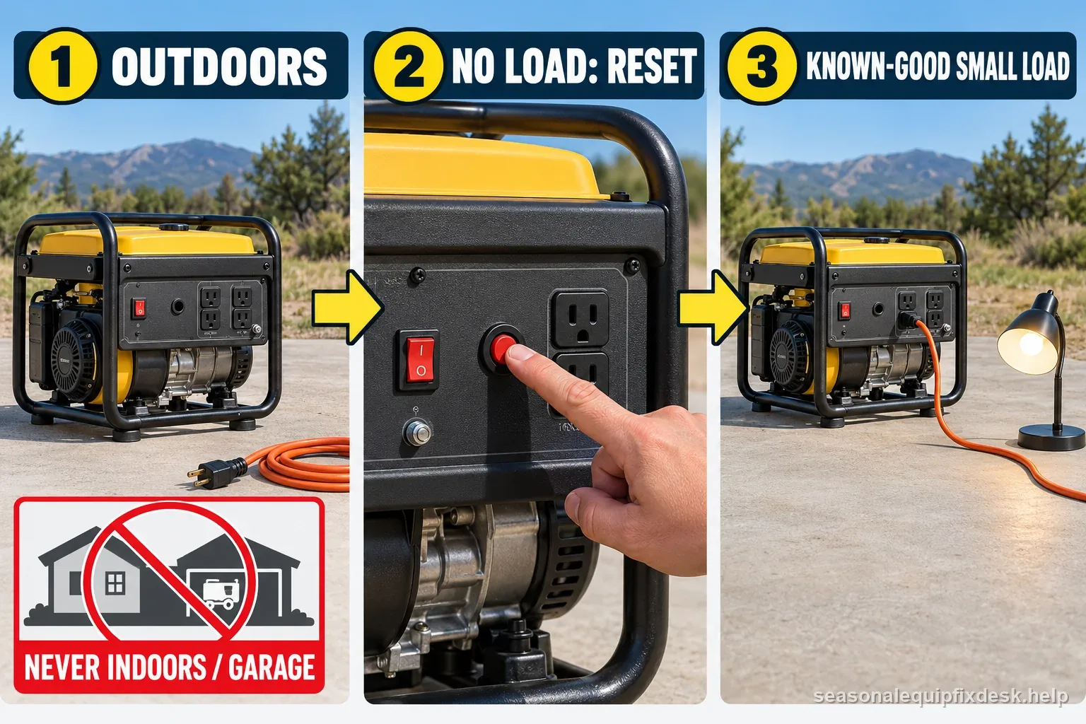 Outdoor generator retest: unloaded breaker reset, then one known-good small load.