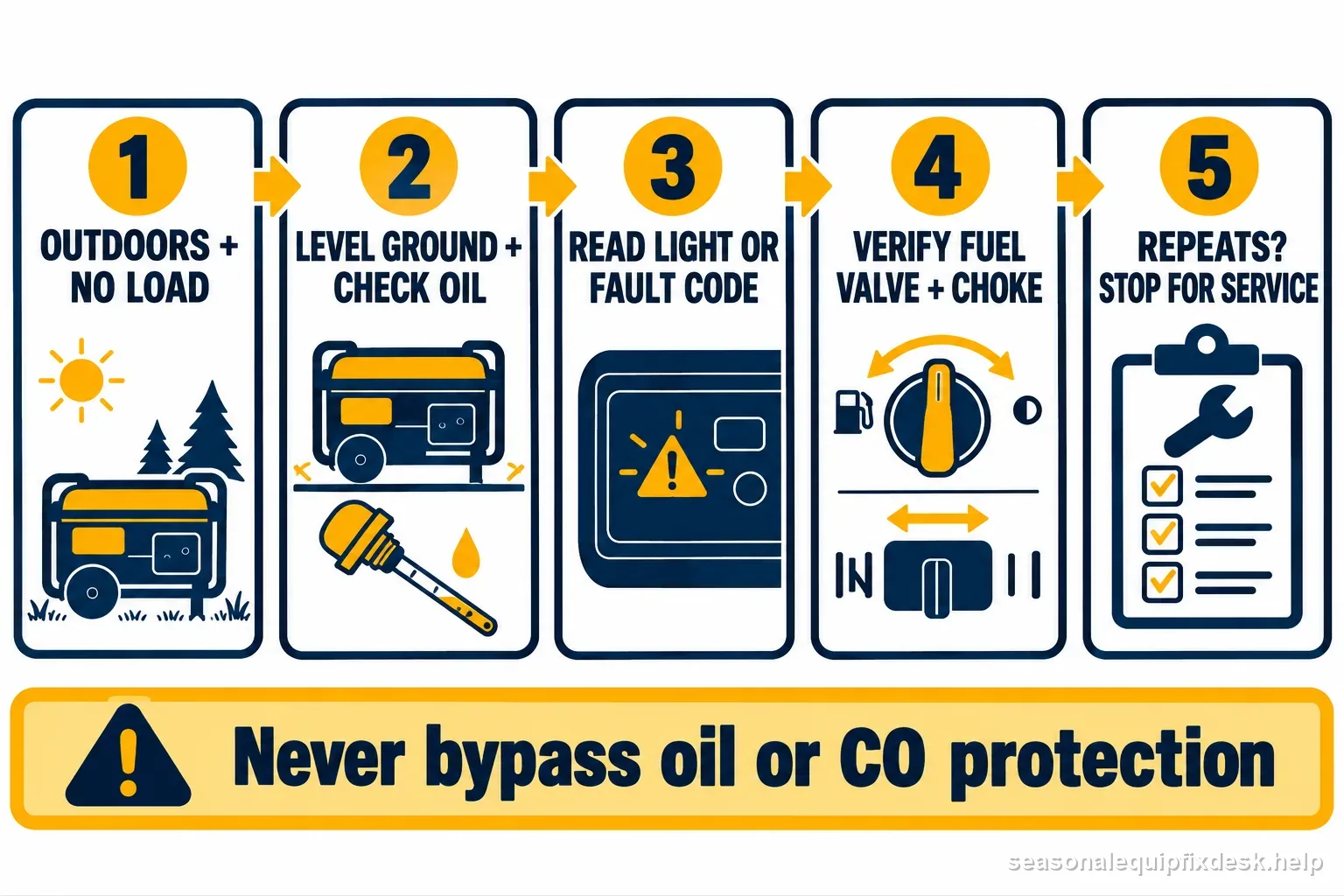 Safe generator shutdown checks: outdoors and unloaded, level oil check, status indicator, model fuel and choke settings, then service if it repeats