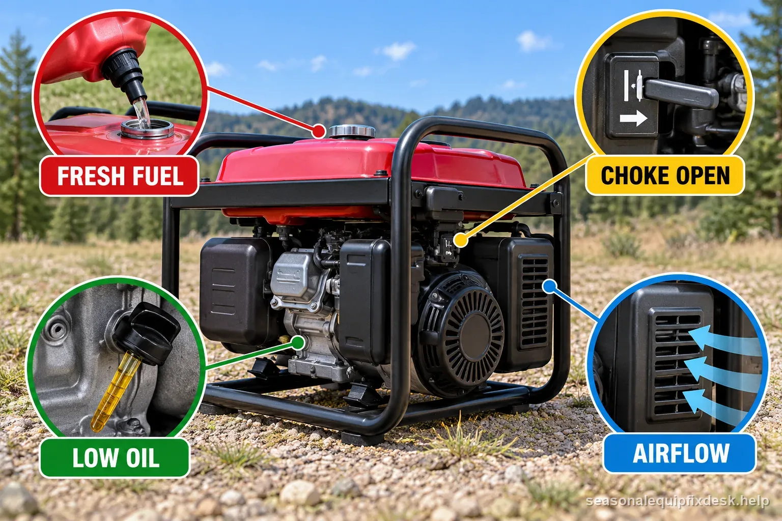Outdoor generator graphic highlights fresh fuel, choke position, low oil, and airflow as external owner-safe checks.
