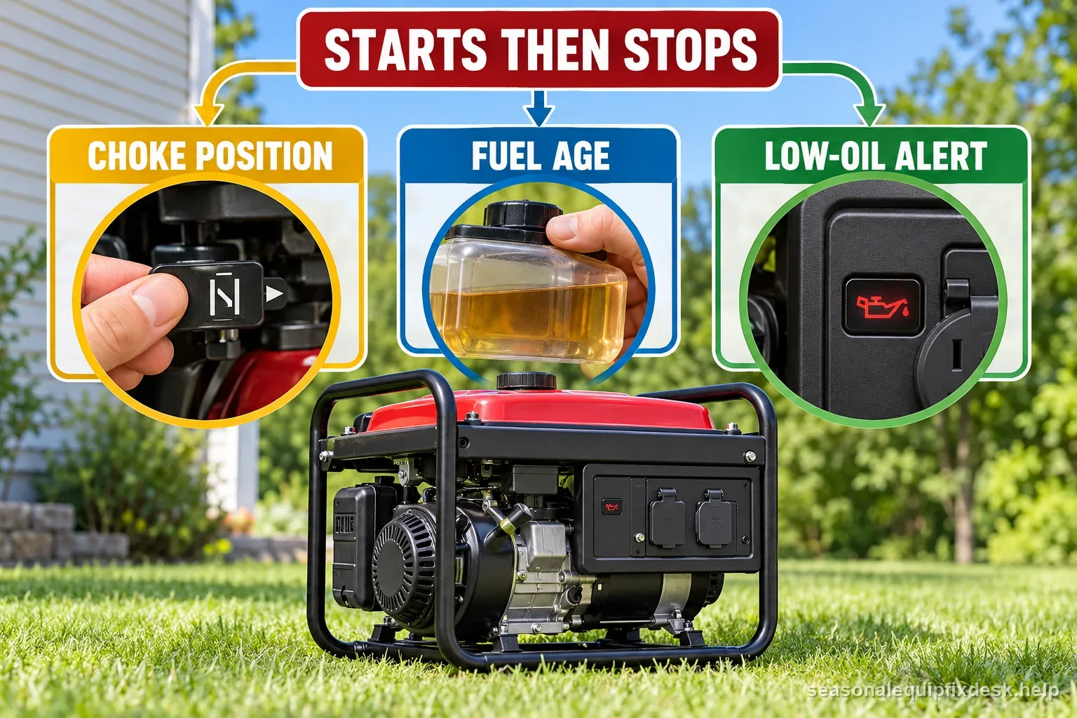 Symptom map separates choke position, fuel age, and a low-oil alert when a portable generator starts and then stops.