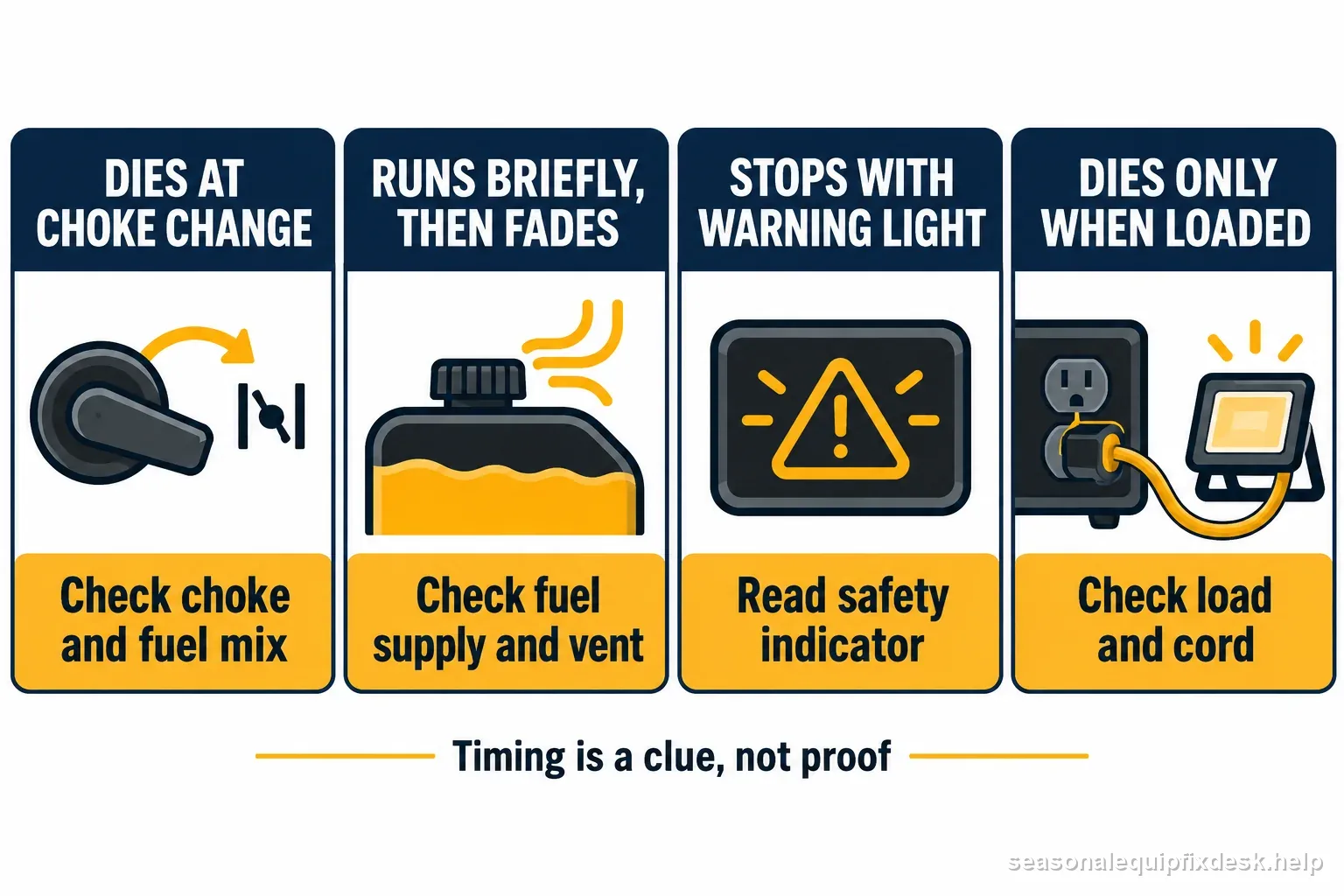 Generator shutdown comparison showing choke-transition stall, brief fuel fade, warning-light stop, and load-only shutdown clues