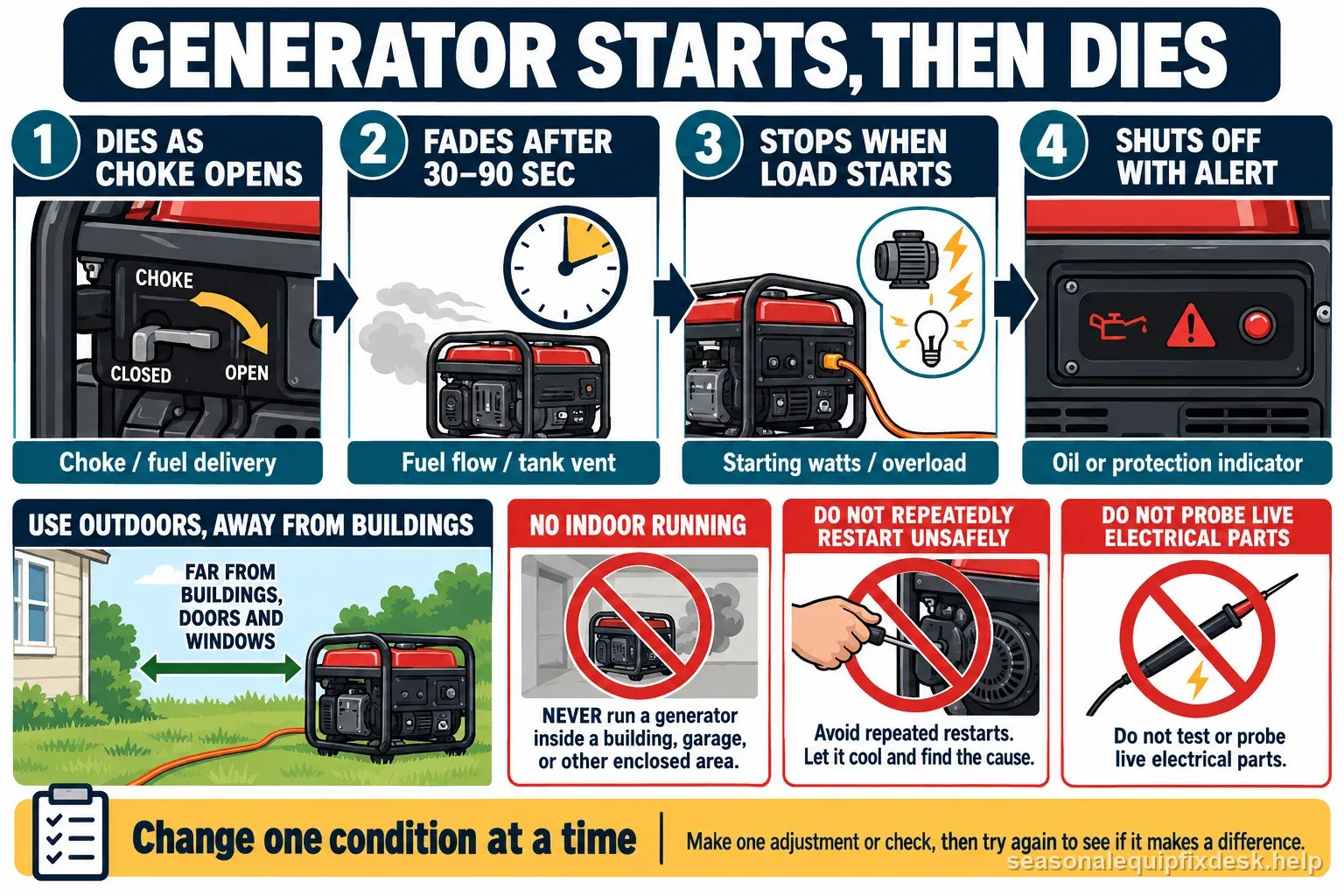 A generator shutdown timeline distinguishing choke opening, fuel flow, load-start timing, and protection alerts while emphasizing outdoor use