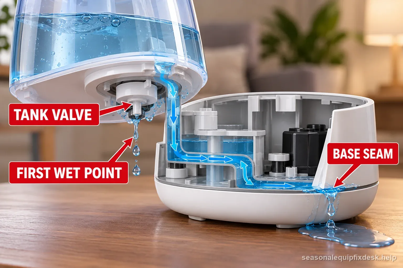 Cutaway traces water from the tank valve to the first wet point and base seam, helping distinguish a valve leak from a housing seam leak.