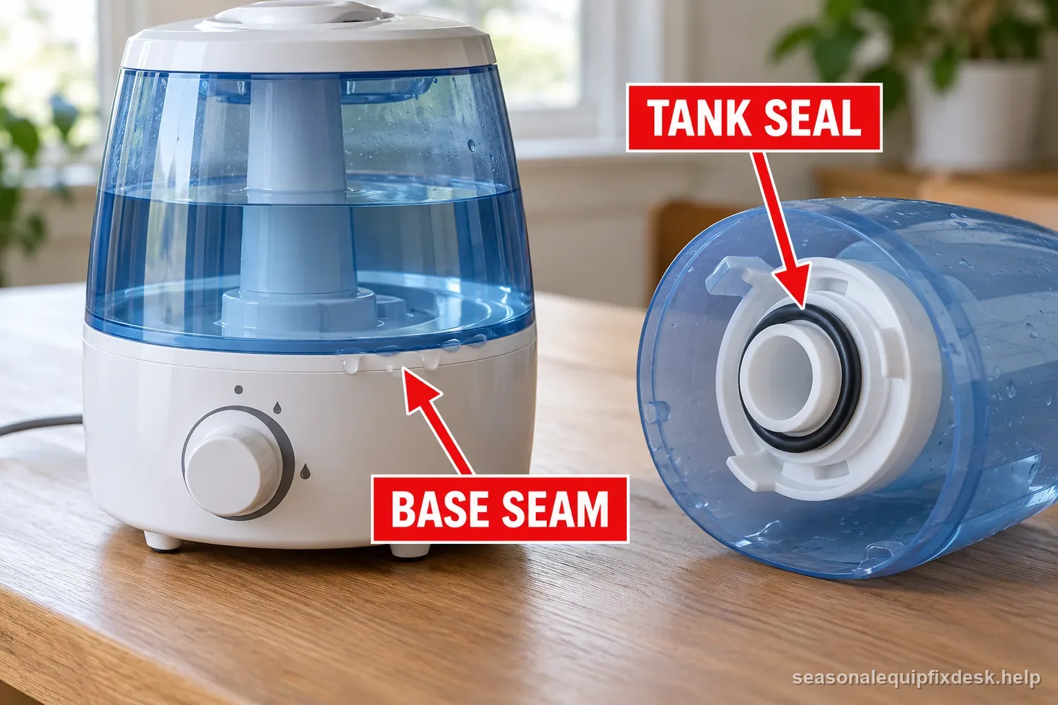 Humidifier leak map traces water from tank and cap through valve and float to base or drain