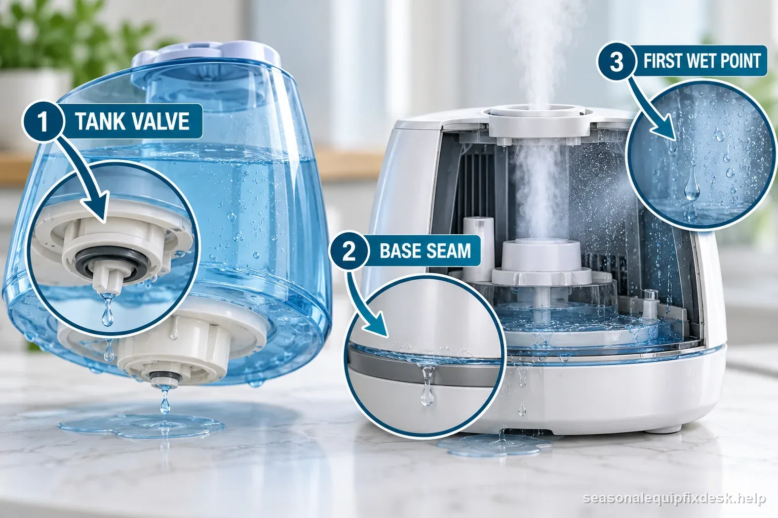 Side-by-side humidifier cutaway labels the tank valve, base seam, and first wet point to guide a dry, unplugged leak inspection.
