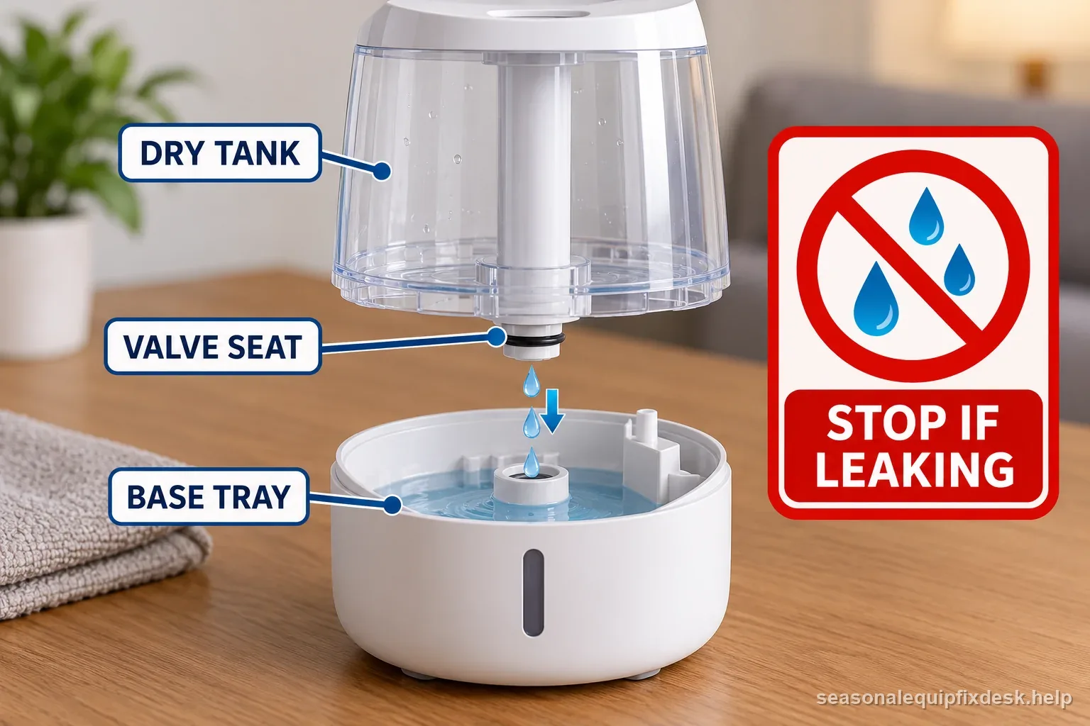 A portable humidifier diagram labels the dry tank, valve seat, and base tray, with a clear stop warning to unplug the unit if it leaks.