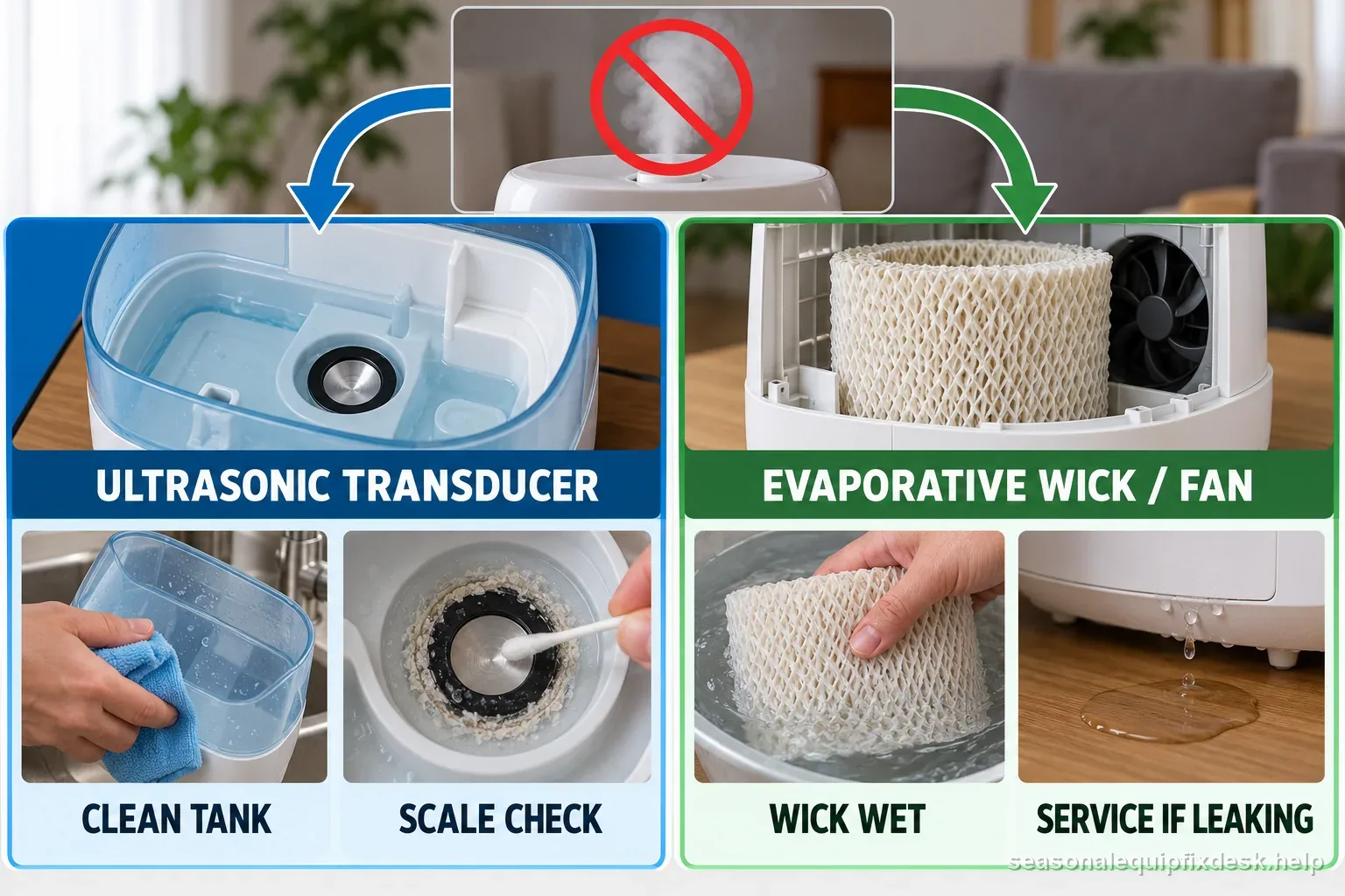 Unplugged humidifier comparison labels clean tank, scale check, wet wick, and the instruction to stop if leaking.