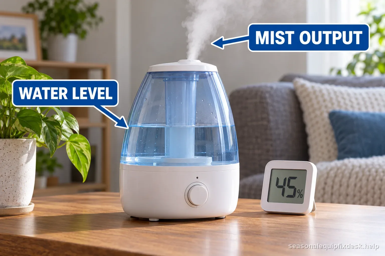 Humidifier no-mist checklist starts with water level, tank seating, humidity setpoint, and clear outlets
