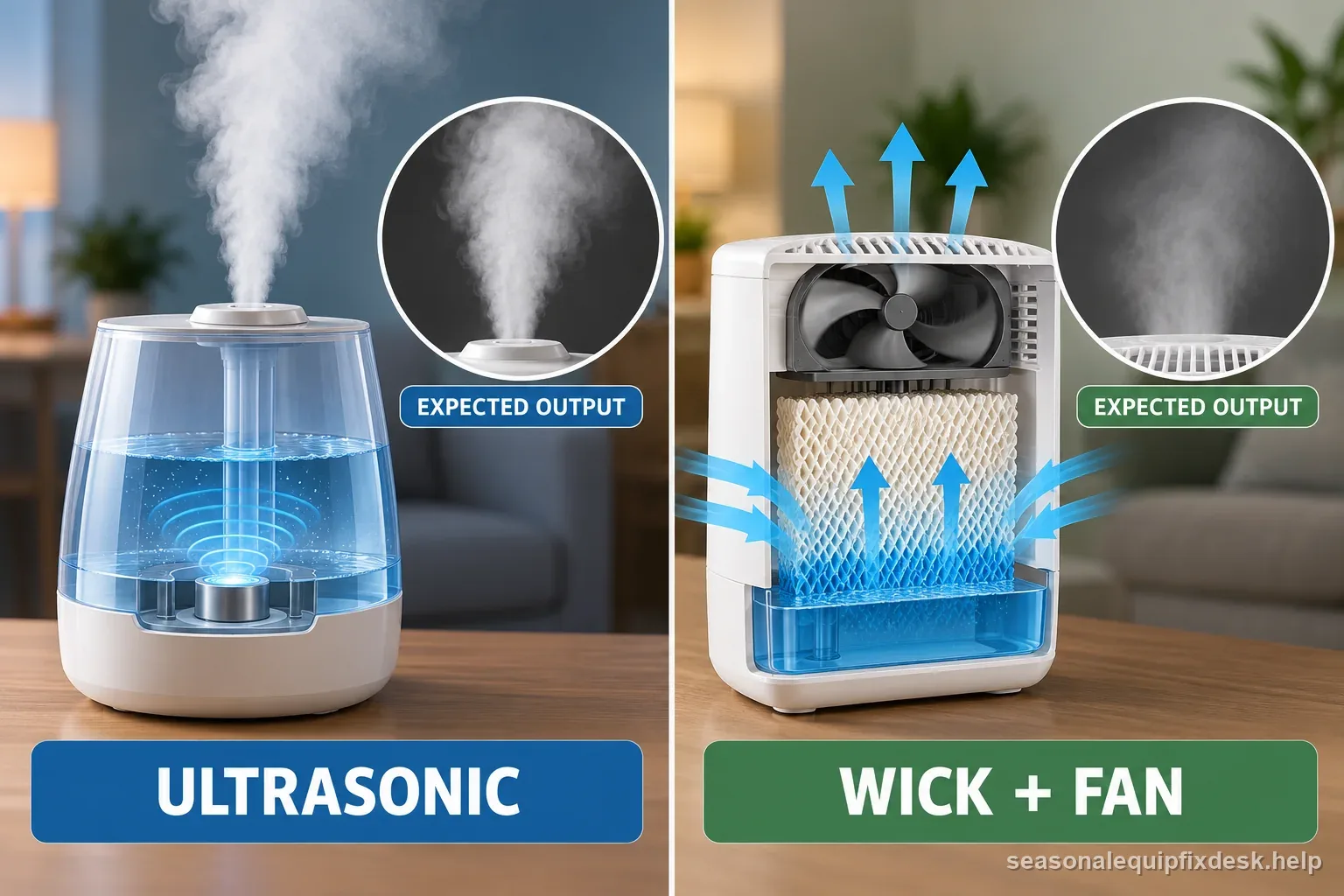 Comparison shows the ultrasonic transducer and evaporative wick with fan, clarifying why the two humidifier types produce different visible output.