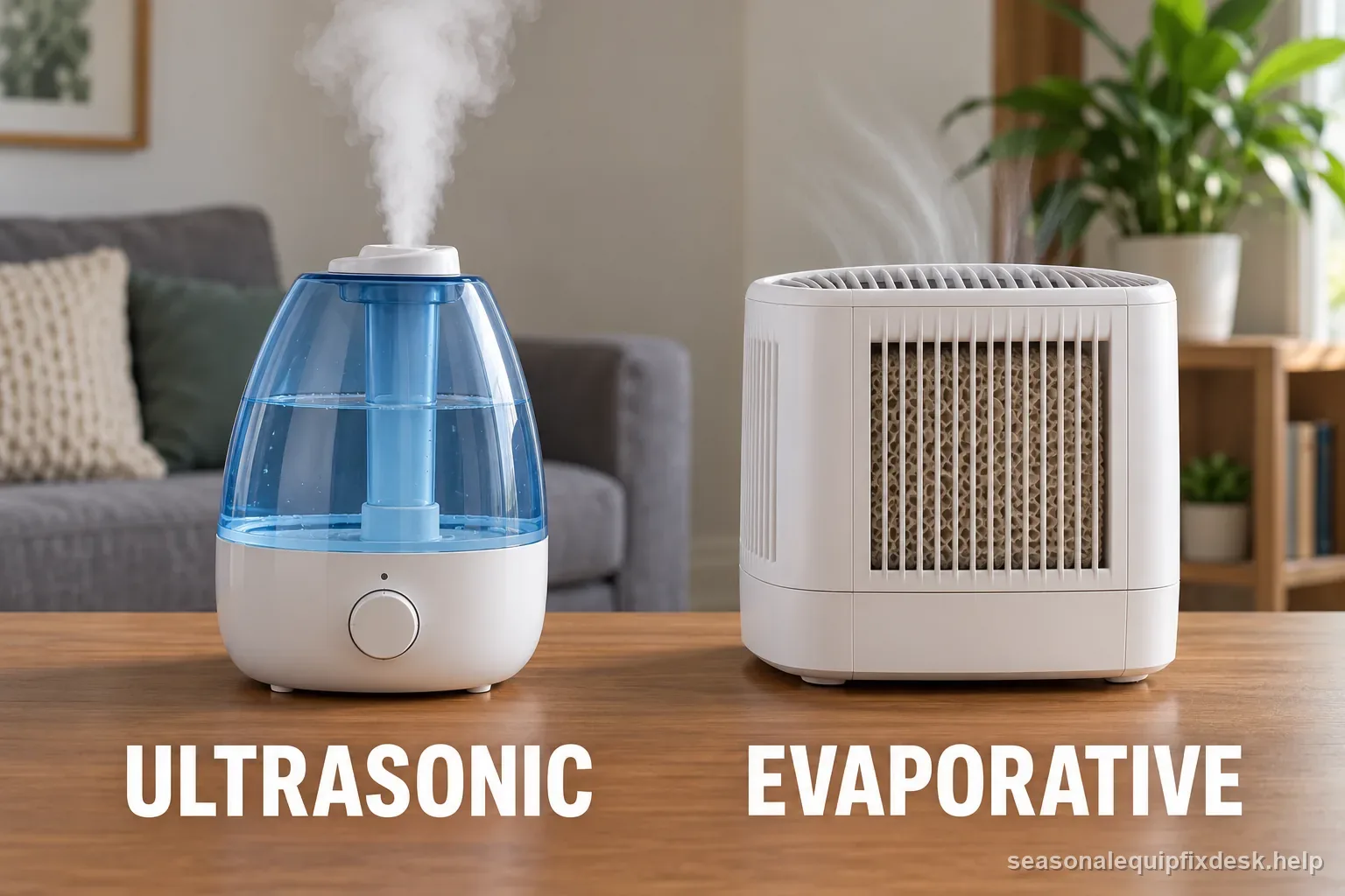Humidifier comparison shows ultrasonic transducer mist beside invisible evaporative wick output