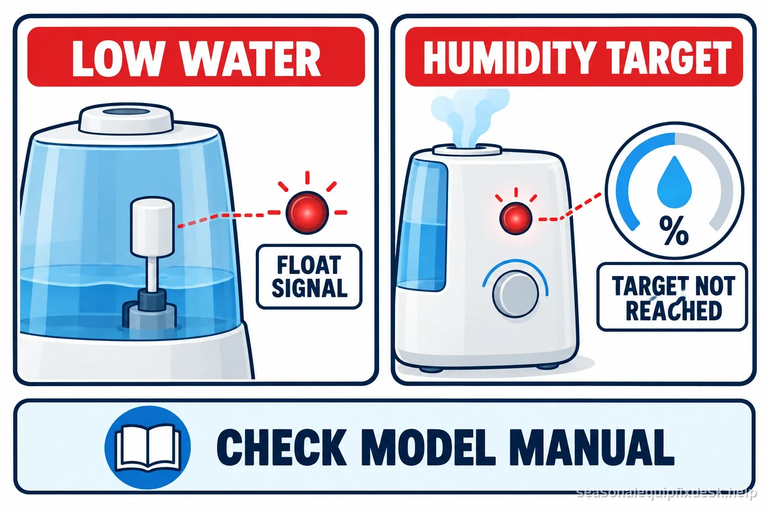 Side-by-side humidifier indicator diagram distinguishes a red low-water float signal from a red humidity-target light