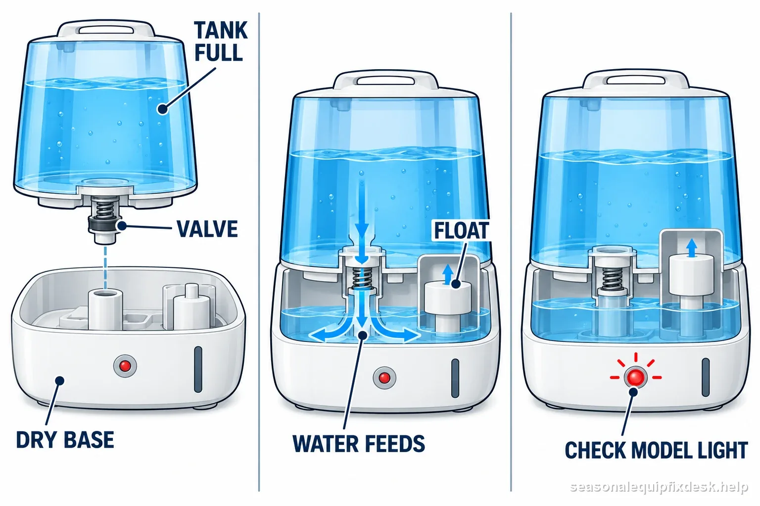 Three labeled humidifier panels trace a dry base, normal tank-to-base water feed, and a full base with a persistent red light