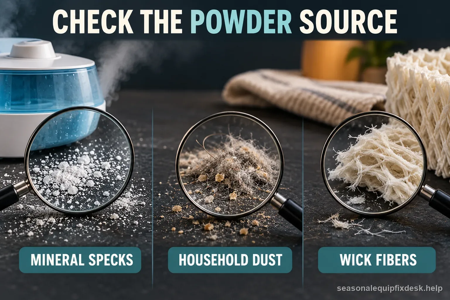 Macro comparison of mineral specks near a humidifier, ordinary household dust, and evaporative wick fibers to avoid treating every pale residue as water minerals.