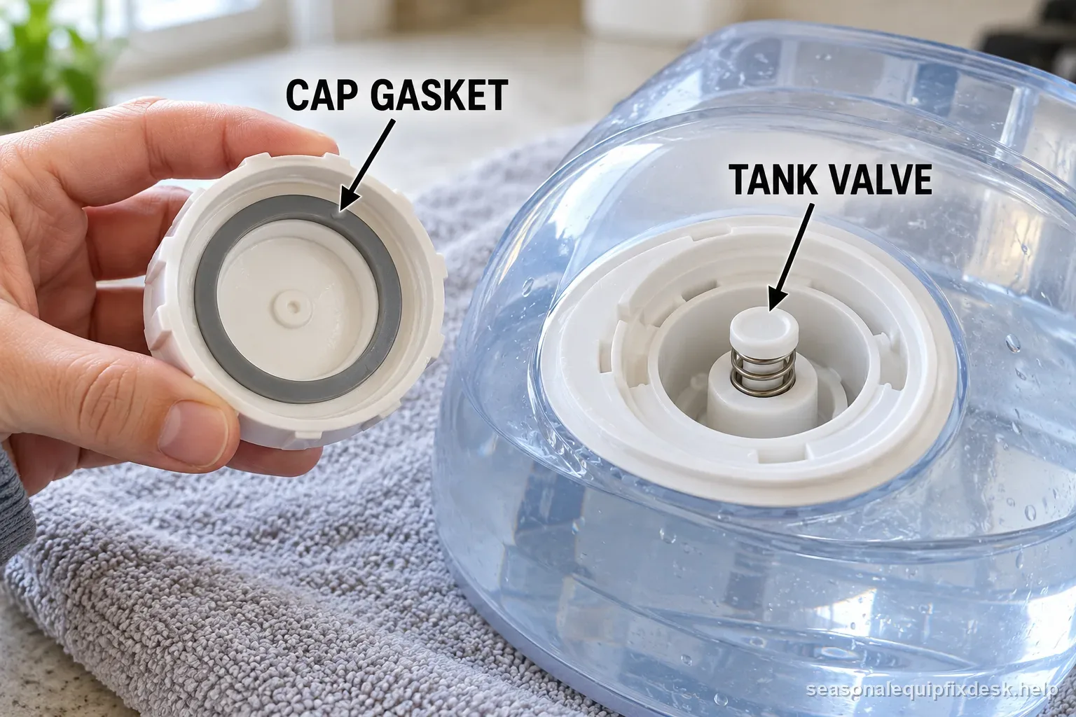 Humidifier tank valve diagram checks gasket, cracks, fill line, tank seating, and float movement