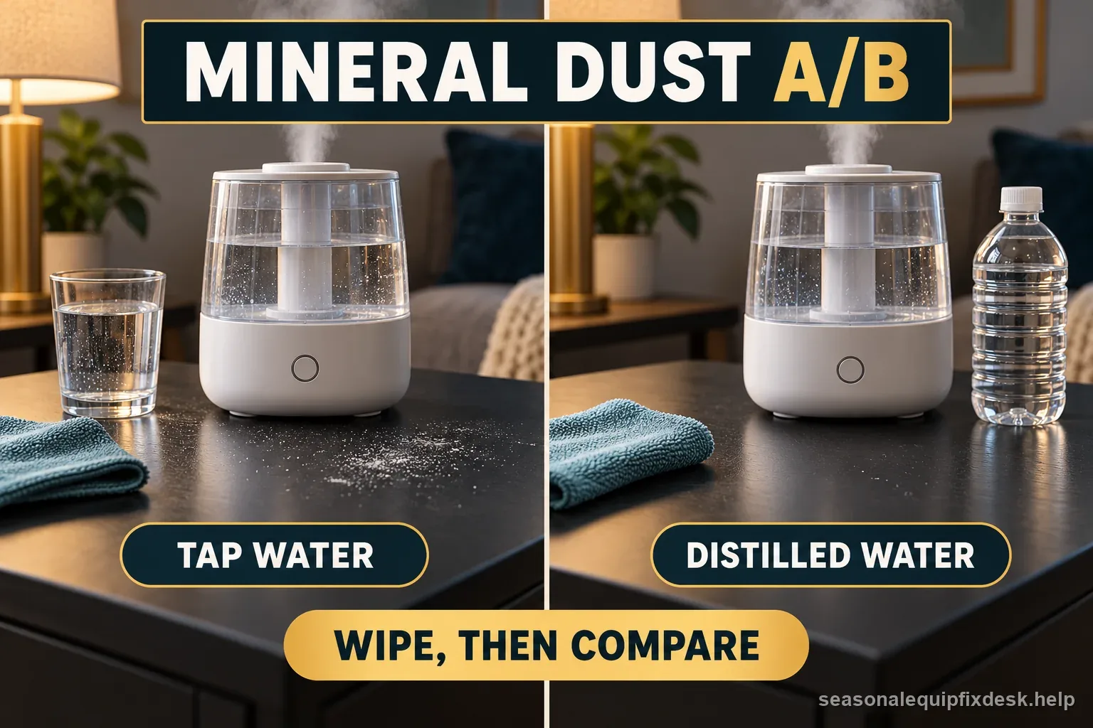 Side-by-side ultrasonic humidifier comparison with tap and distilled water, showing a wiped table used to compare new mineral residue under similar operation.