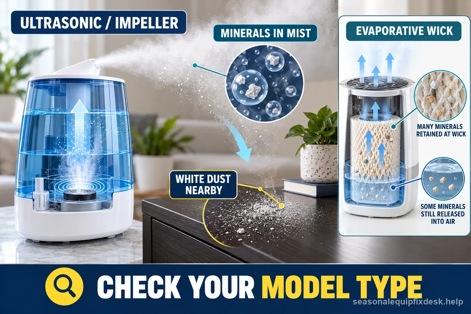 Ultrasonic humidifier running beside pale mineral dust on a dark table near its mist path