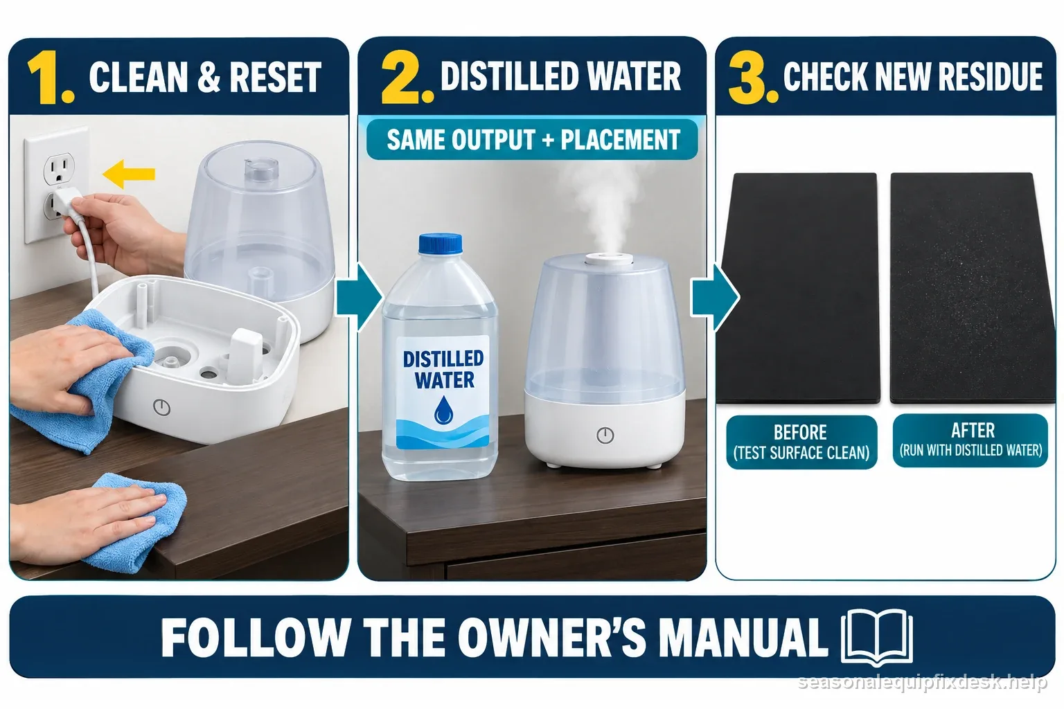 Homeowner cleaning a test surface before comparing distilled water and tap water in an ultrasonic humidifier