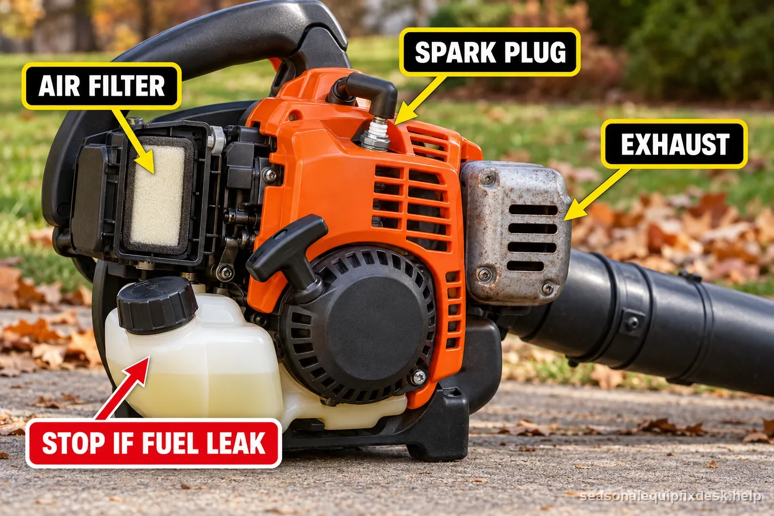 A gas leaf blower diagram labels the air filter, spark plug, exhaust, and fuel tank, with a stop warning for any fuel leak.