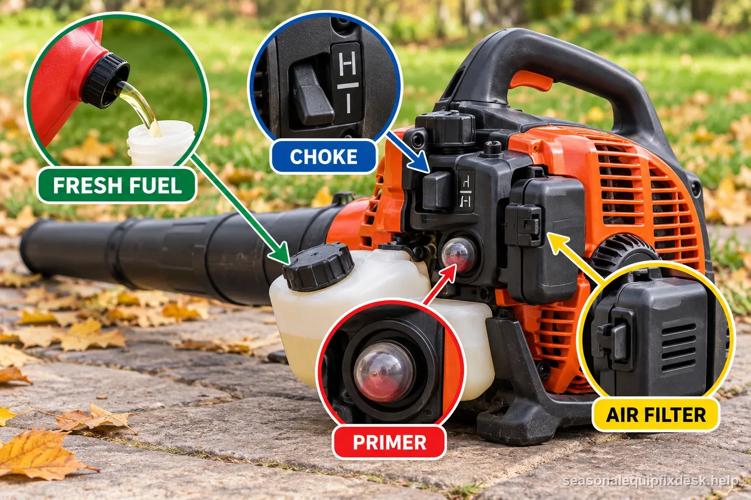 External leaf-blower checks label fresh fuel, choke, primer, and air filter without opening the carburetor.