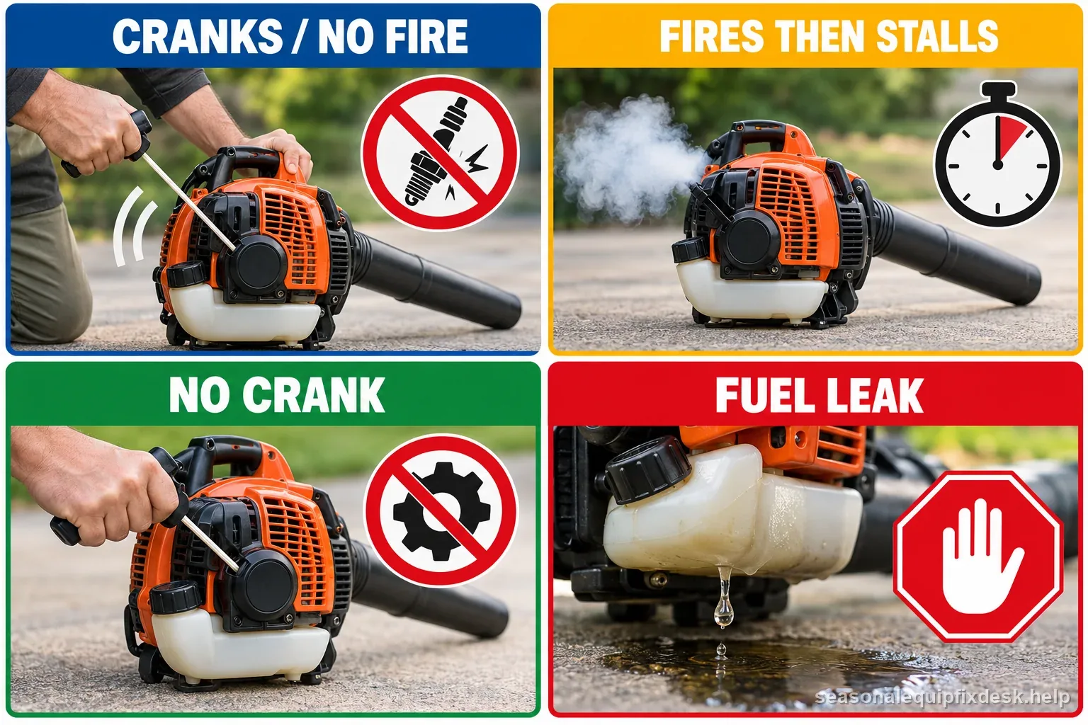 Symptom map separates cranks but no fire, fires then stalls, no crank, and a fuel leak that requires stopping.