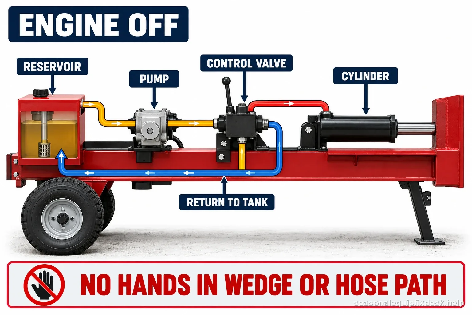 Labeled log splitter schematic identifies reservoir, pump, control valve, cylinder, and return line