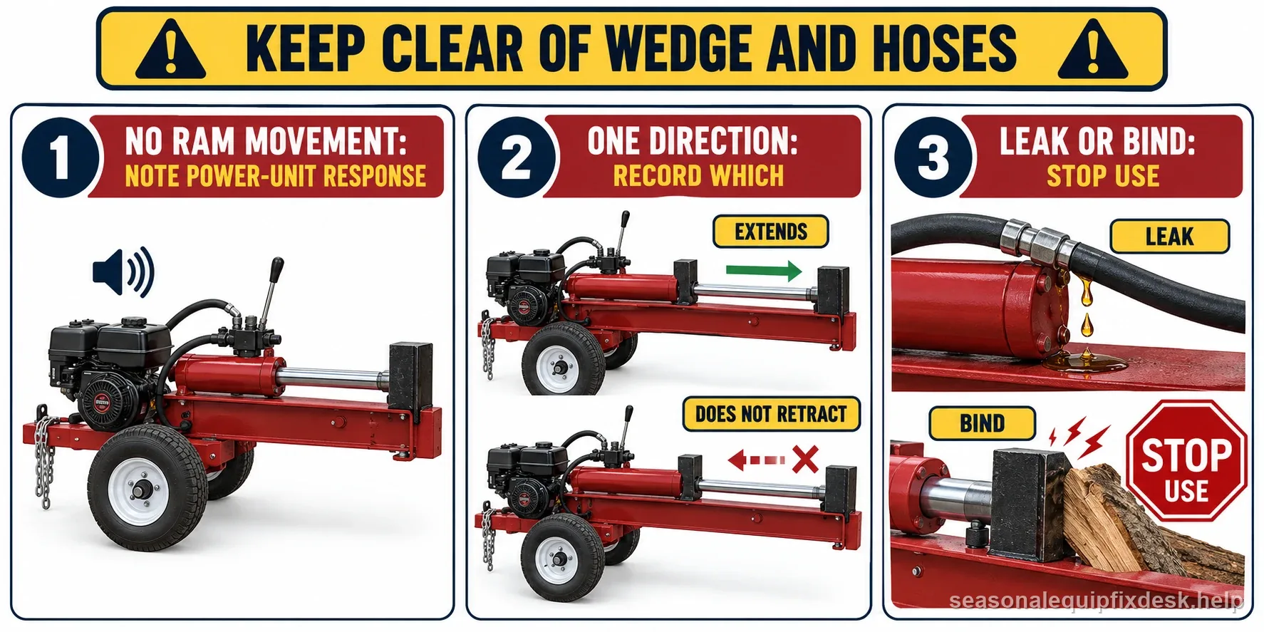 Labeled symptom panels distinguish no ram movement, one-direction failure, and leak or bind stop conditions
