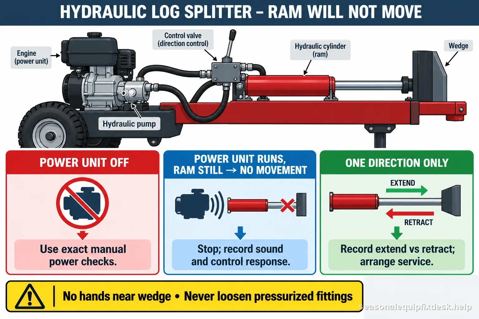 Labeled hydraulic log splitter decision graphic separates a stopped power unit, running unit with no ram motion, and one-direction failure.