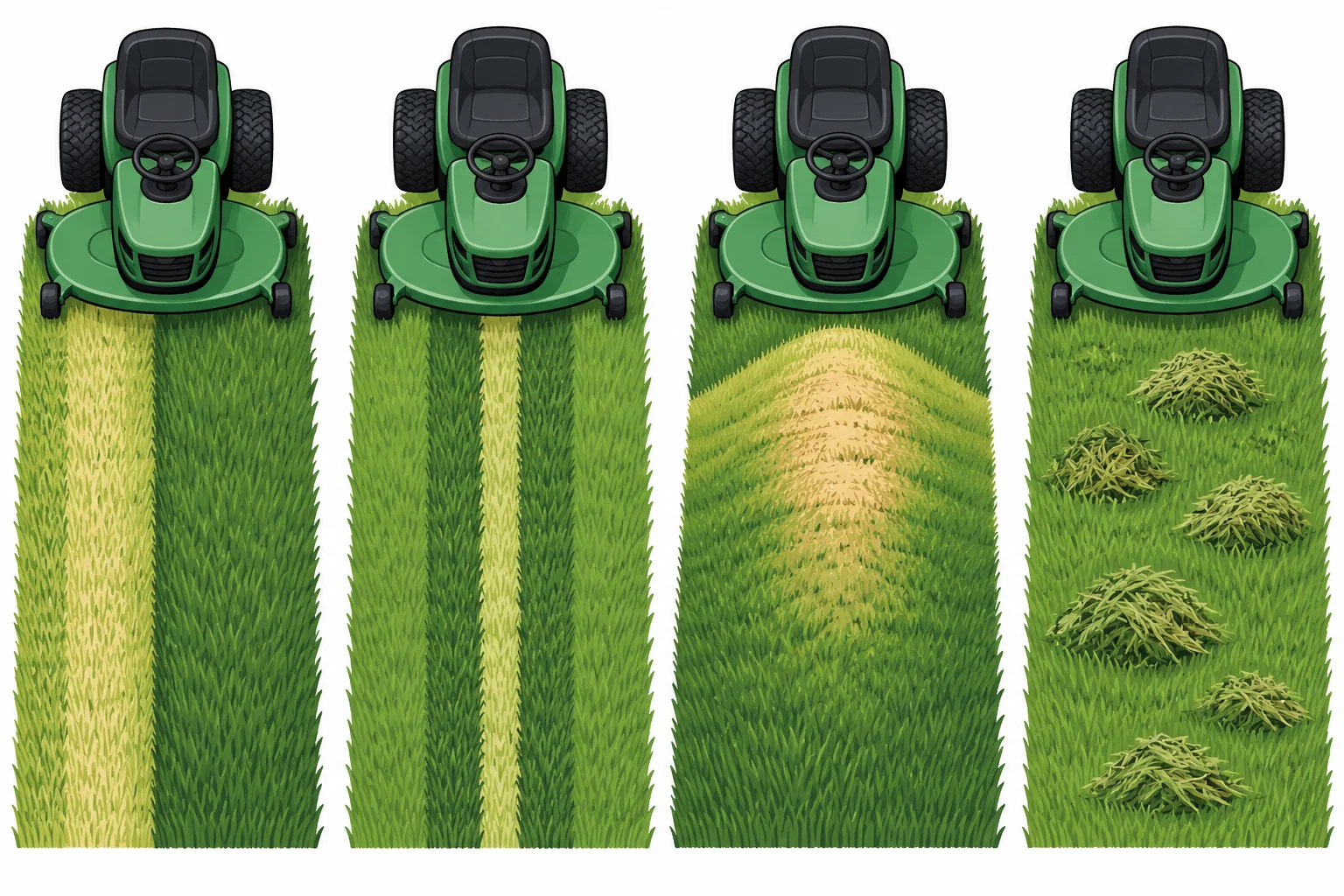 Four lawn strips show a low-side cut, a narrow uncut gap, scalping on a hill, and clumps in wet grass