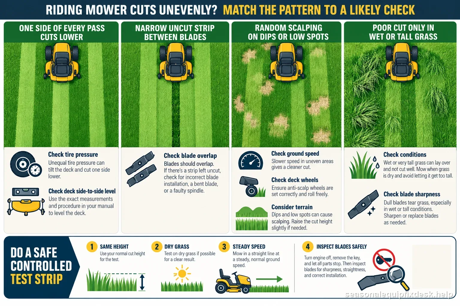 A lawn pattern guide linking one-sided cuts, uncut strips, scalping, and wet-grass results to mower deck, blade, tire, and operating checks