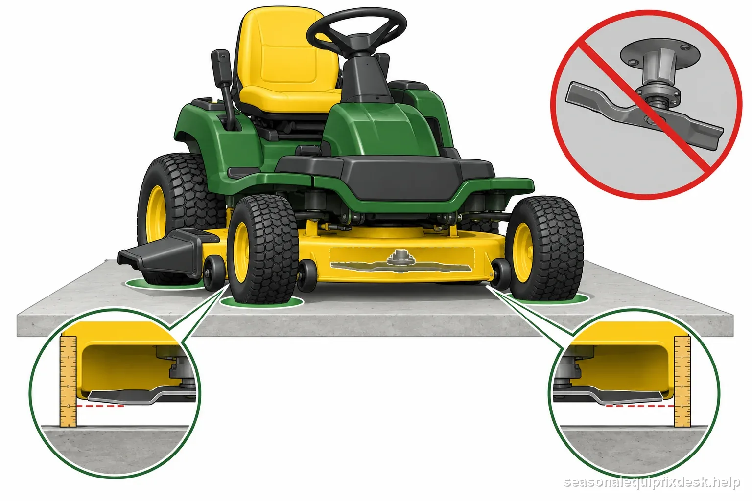 A disabled riding mower rests on level ground while blade-tip heights are compared side to side
