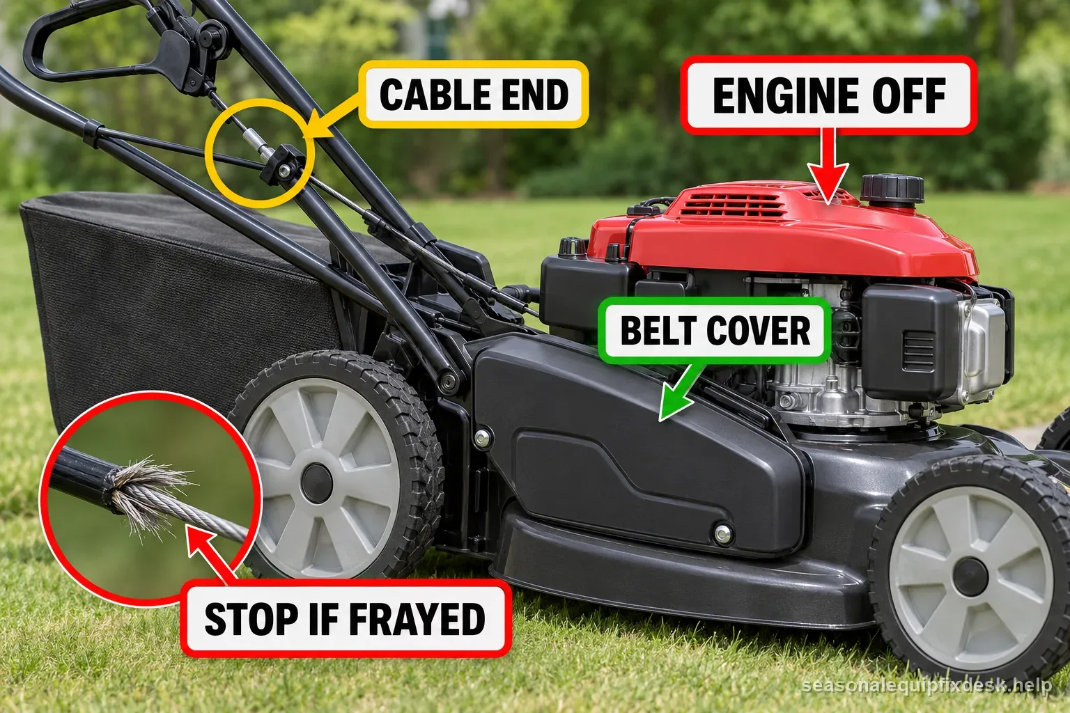 A self-propelled mower diagram points to the drive cable end and belt cover, with the engine off and a stop warning for a frayed cable.