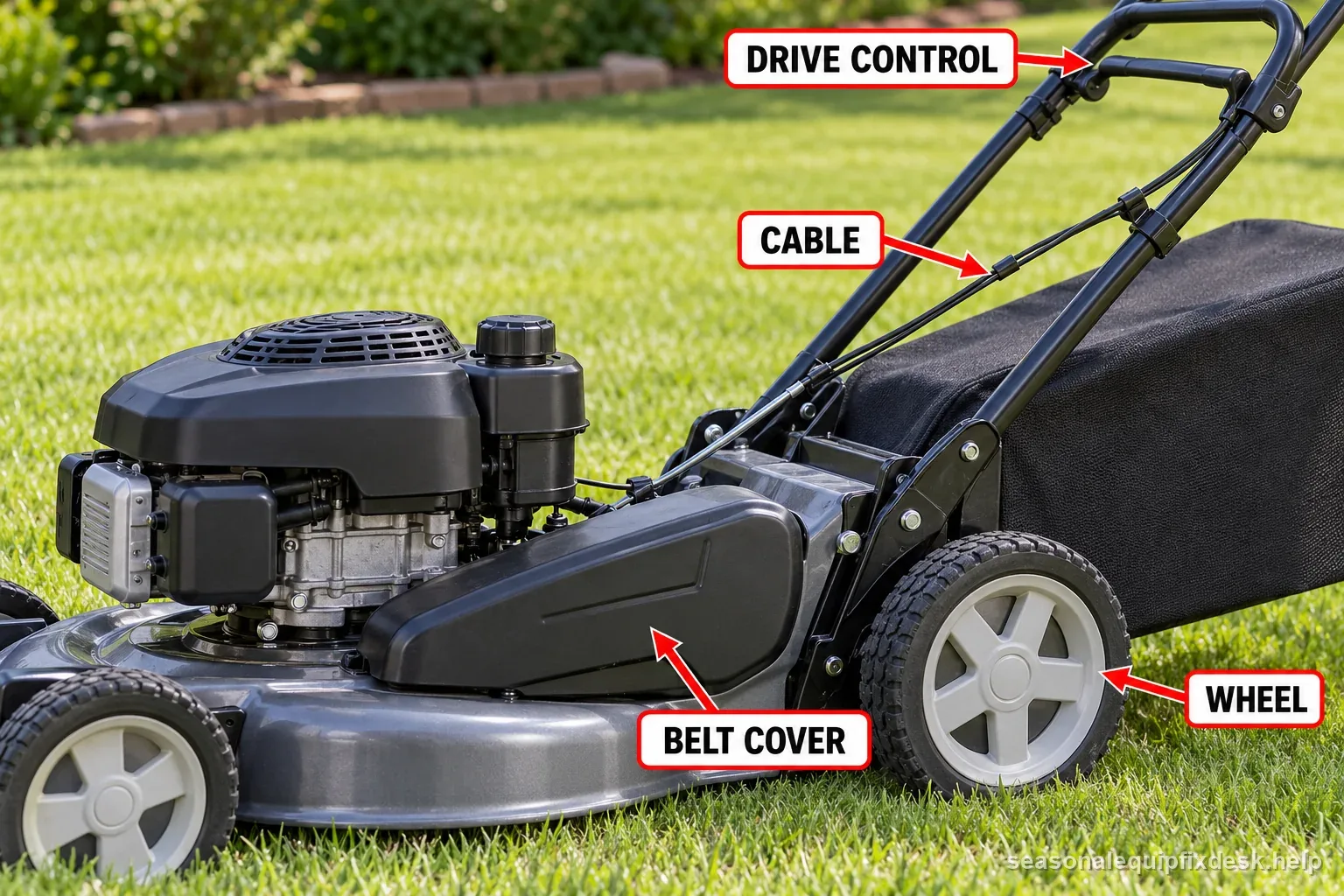 Labeled mower exterior identifies the drive control, cable, belt cover, and wheel for a safe engine-off visual check.