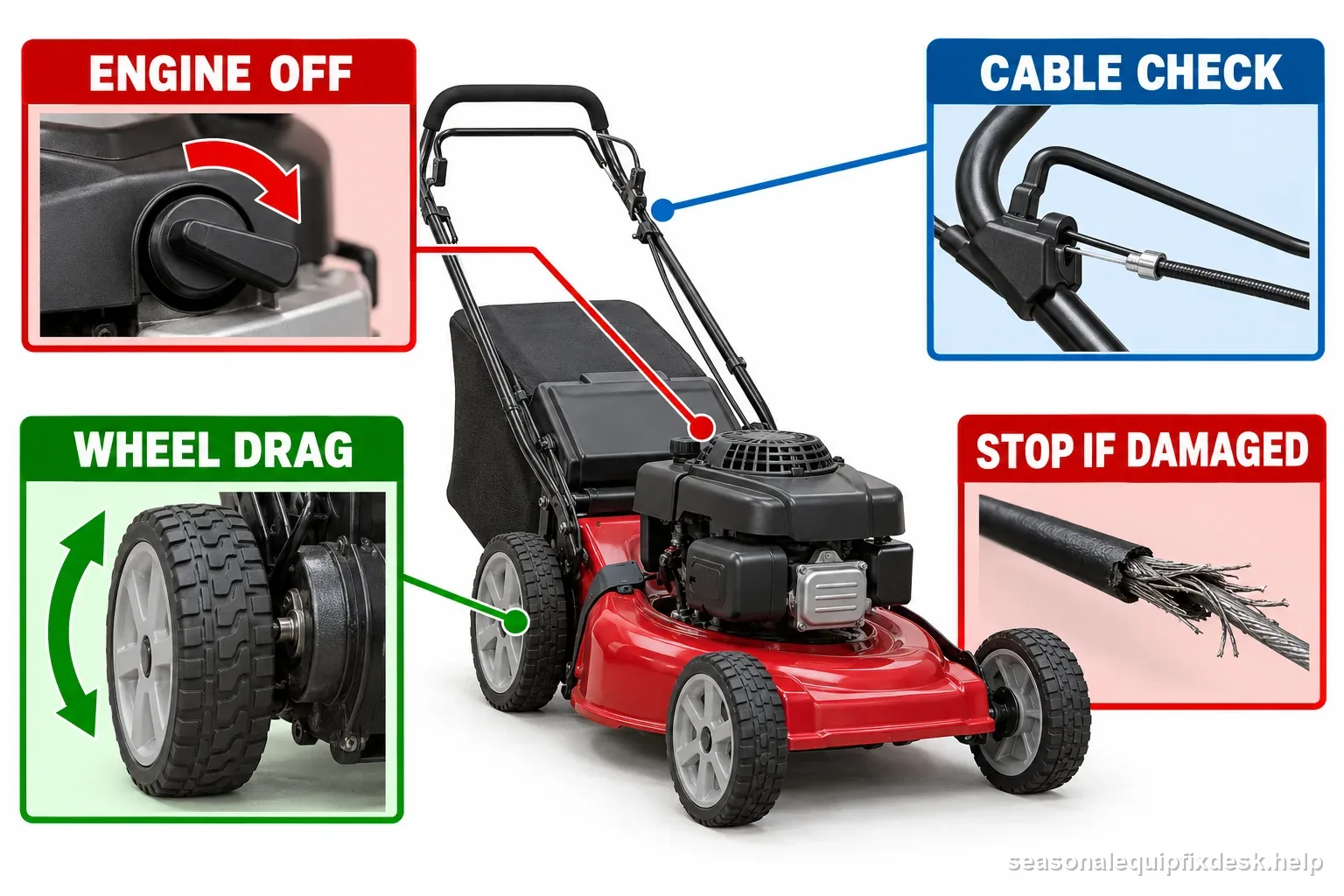 Engine-off mower checklist highlights cable check, wheel drag, and stopping when a drive component is damaged.