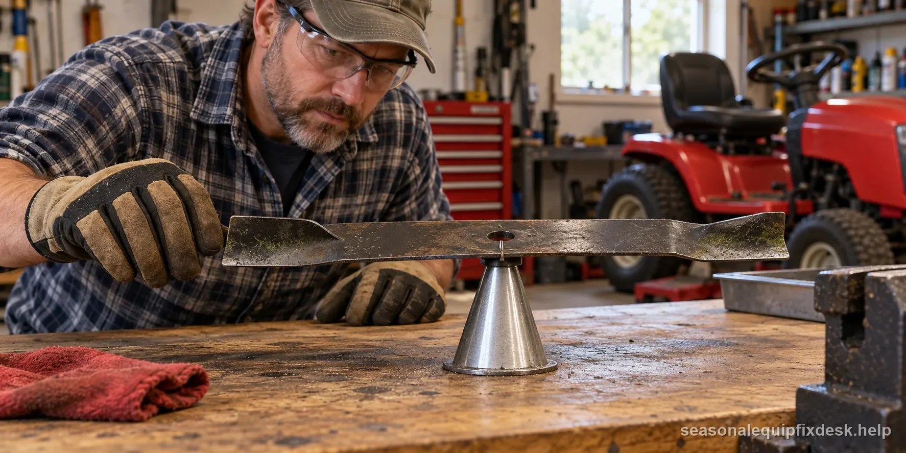 Detached mower blade resting on a cone-style balancing tool in a repair workshop