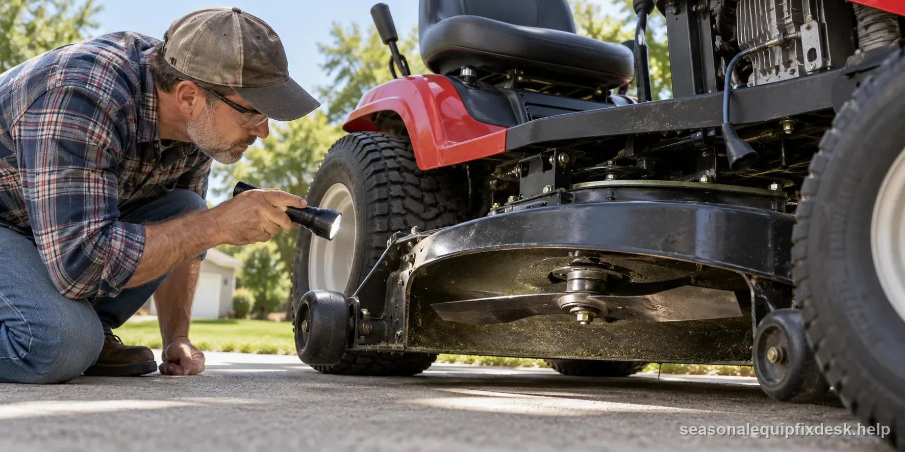 Mower parked with engine off while a technician uses a flashlight to inspect the stationary cutting deck
