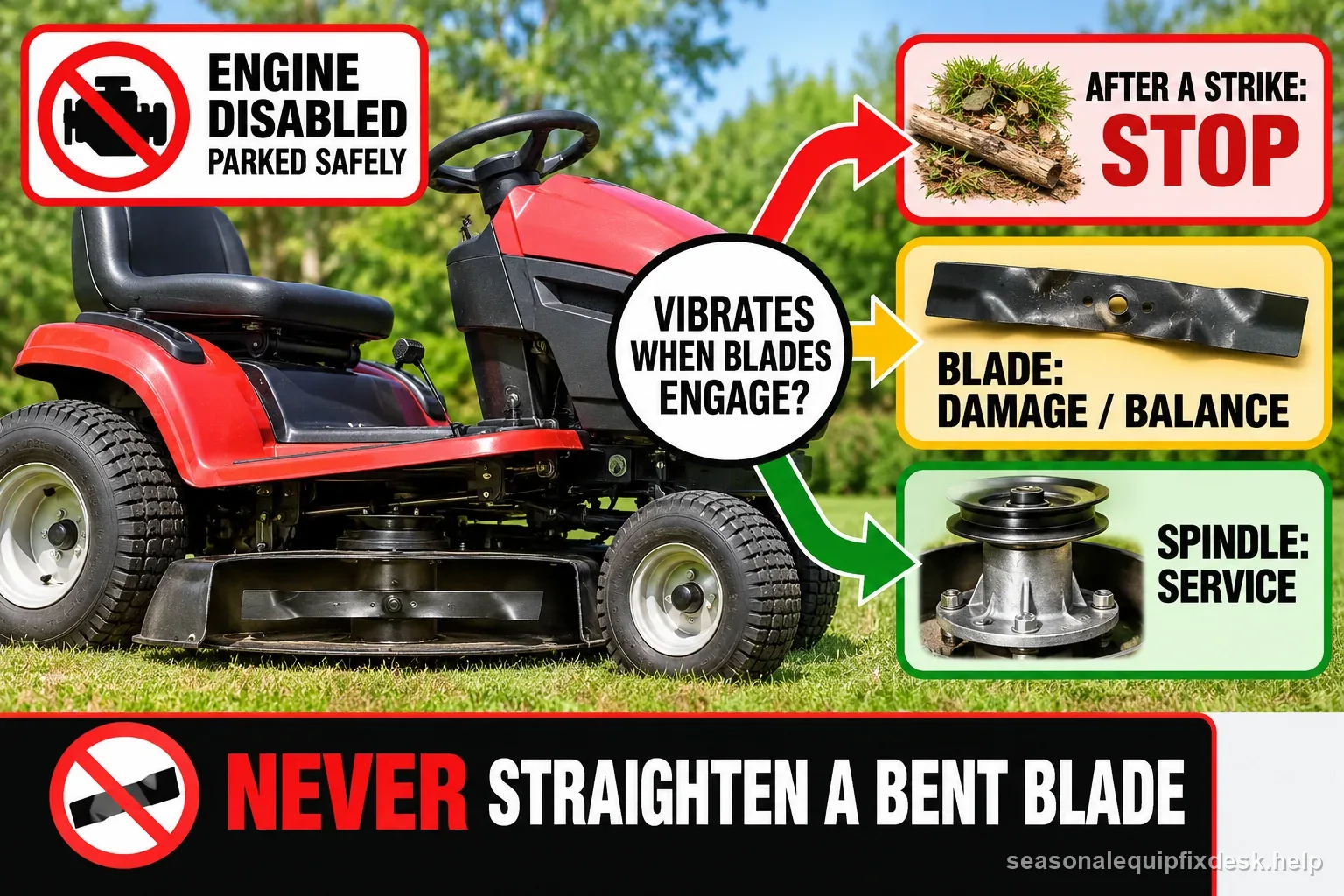 A mower vibration decision graphic shows engine disabled, stopping after a blade strike, checking blade damage or balance, and requesting spindle service.