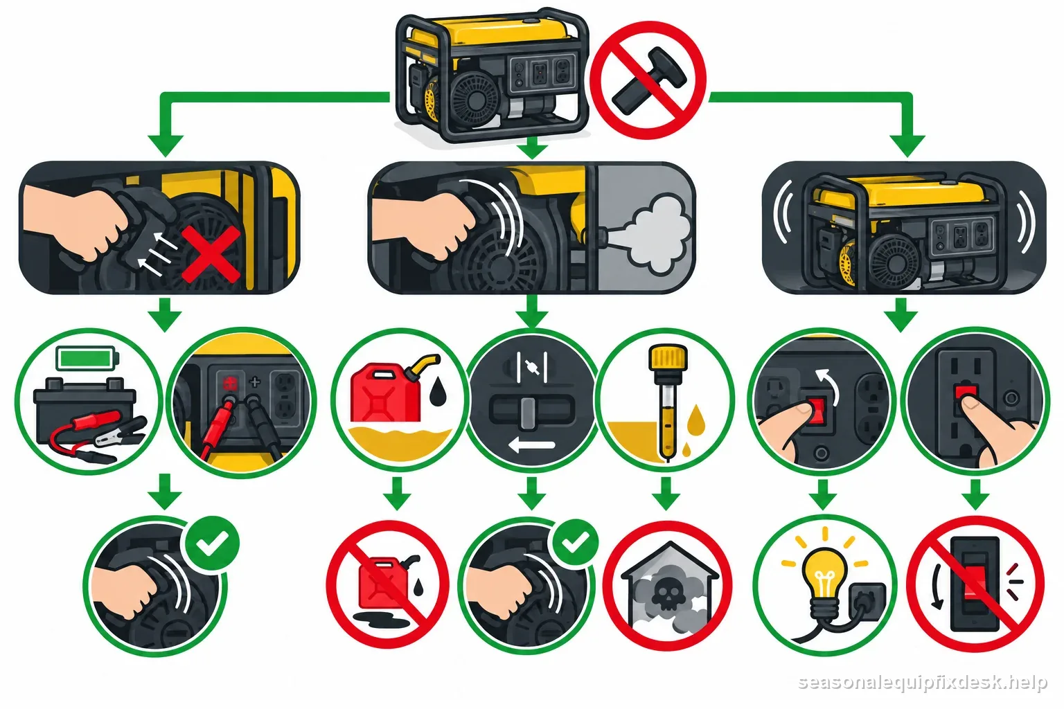Portable generator diagnostic branches distinguish no crank, crank but no fire, and engine running without electrical output