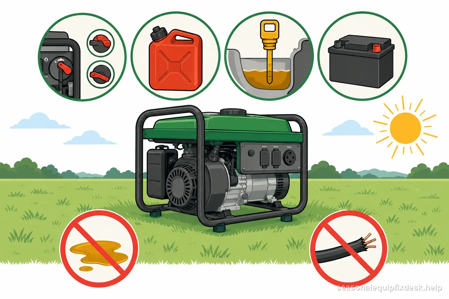 Portable generator shown outdoors with separate control, fuel, oil, battery, and stop-condition inspection symbols