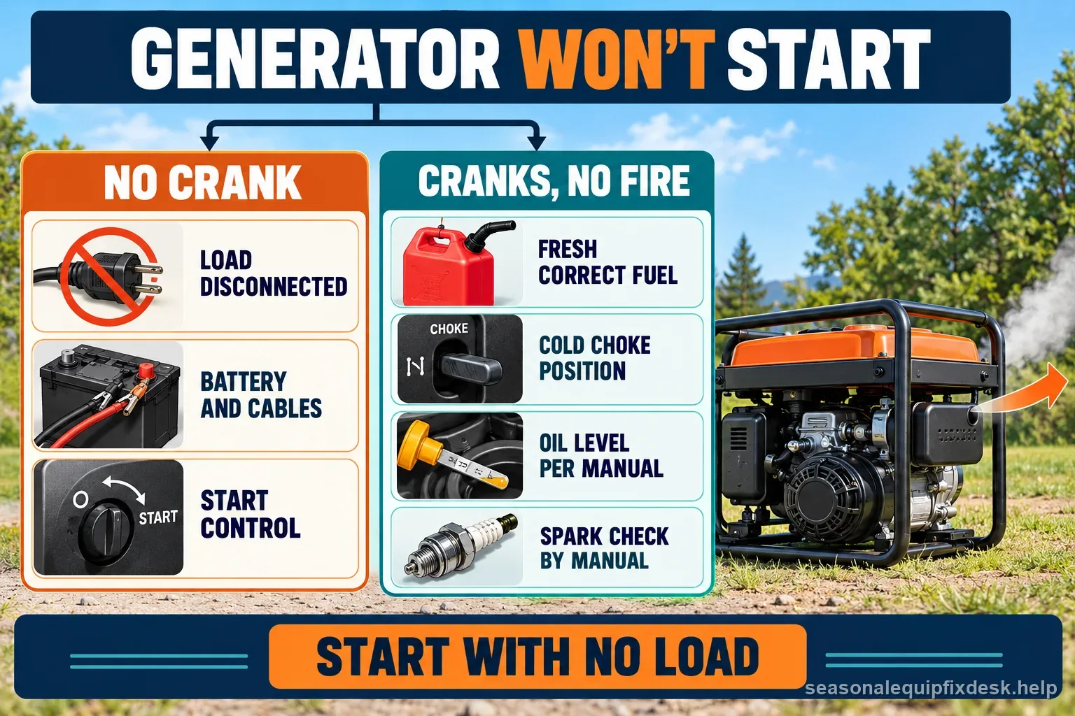 A portable generator no-start flowchart separating no-crank checks from cranks-but-no-fire checks with no-load and manual-based safety reminders